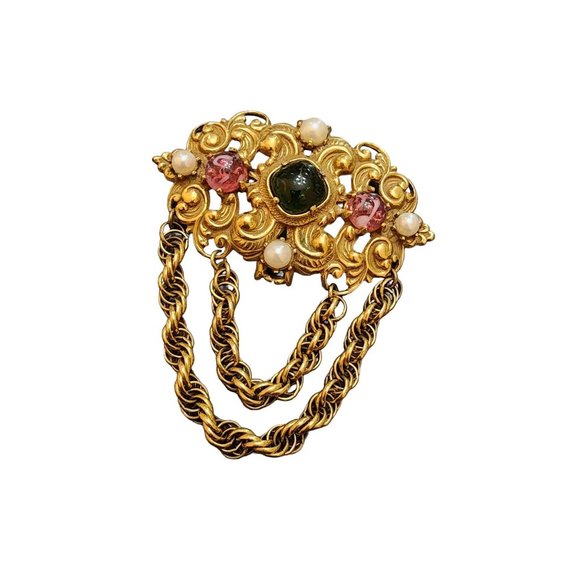 Vintage Rare Signed Castlecliff w/ Striated Glass Cab Brooch (A2826) - Picture 1 of 6